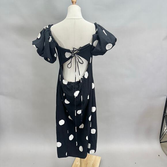 H&M‎ Black Polka Dot Midi Dress Puff Sleeve Sweetheart Neckline Size XL - Picture 9 of 16
